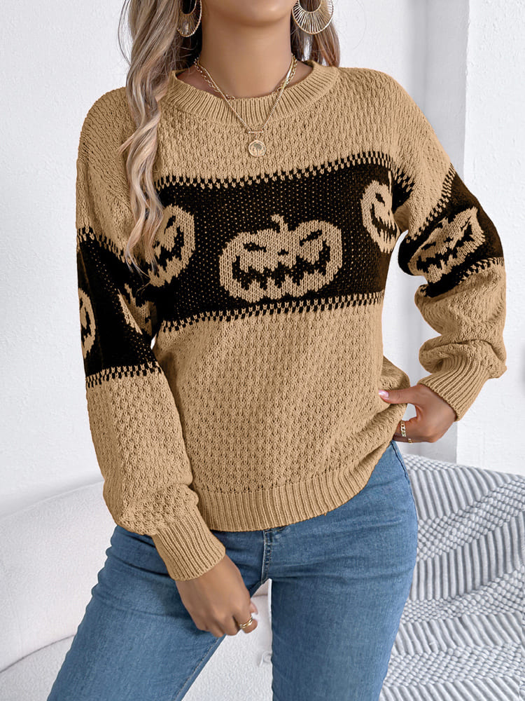 Halloween Pumpkin Head Color-block Crew Neck Knit Sweater