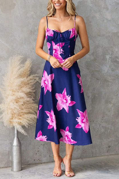 Adjustable Strap Back Lace-up Print Midi Dress