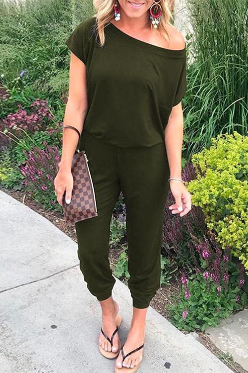 Moxidress Cold Shoulder Short Sleeves Elastic Waist Loungewear Jumpsuit