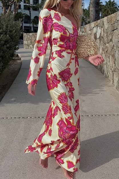 Moxidress One Shoulder Long Sleeve Print Maxi Dress