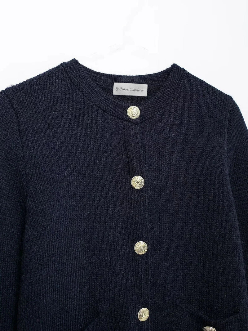 Gold Decorated Row Button Short Knitted Cardigan