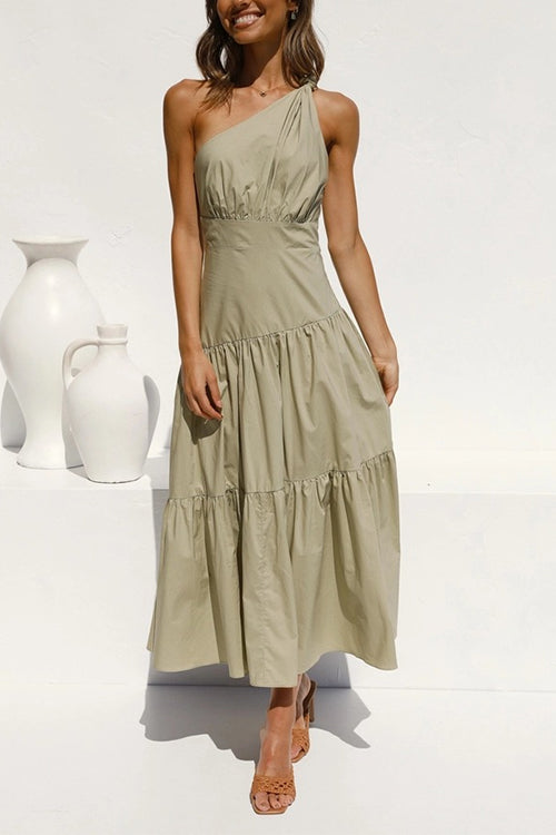 (4 Colors) One Shoulder High Waist Tiered Maxi Dress
