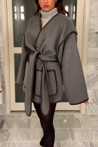 Moxidress Open Front Pocketed Splice Coat With Belt