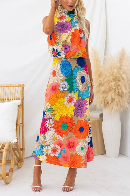 Moxidress Sleeveless Tie Neck Waisted Print Maxi Dress