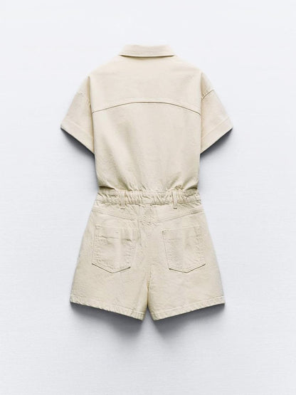 Mini Denim Cuffed-romper-beige
