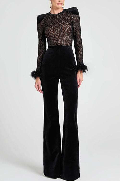 Feather Cuffs Bell Bottom Velvet Splice Jumpsuit