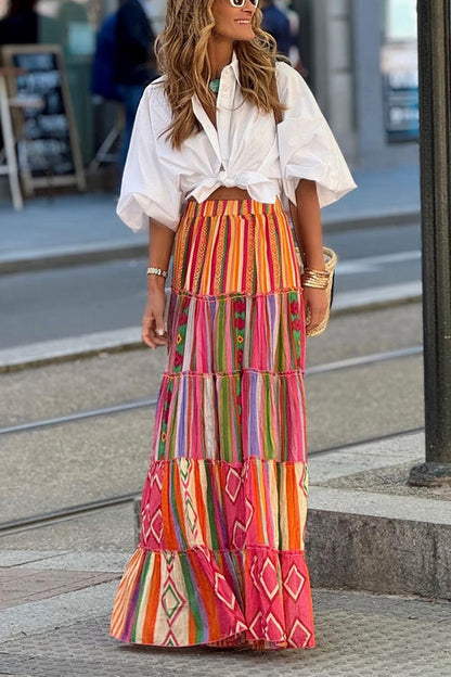 Elastic Waist Ruffle Tiered Color Block Printed Maxi Skirt