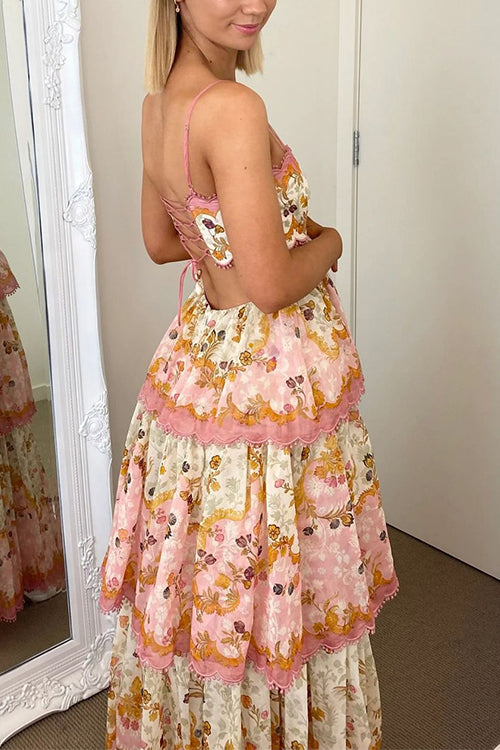 Moxidress Spaghetti Strap Back Lace-up Ruffle Layered Print Maxi Dress