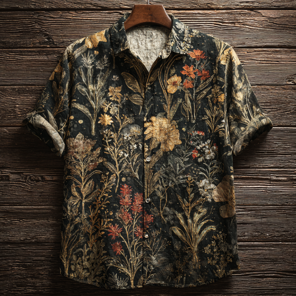 Bohemian Style Plant And Flower Pattern Men's Retro Cotton And Linen Shirt elevenforest
