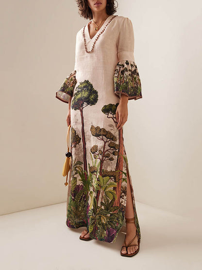 Flared Sleeves Loose Leaves Print V-neck Maxi Dresses