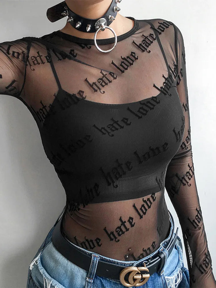 Mesh T-shirts See-through Perspective Tshirt Letter Printed O Neck Transparent Long Sleeve T Shirt Tops