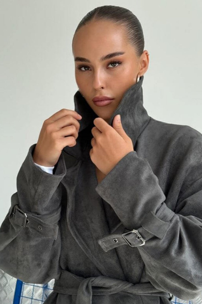 Suede Lapel Tie Waist Jacket Coat