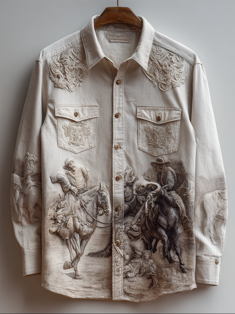 Western Cowboy Style Animal Elements Retro Cotton And Linen Men's Shirt elevenforest