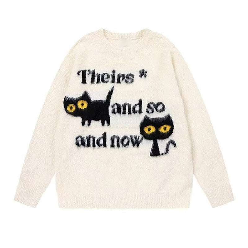 Abstract Cute Black Cat Graphic Jacquard Art Fuzzy Knit Unisex Sweater elevenforest