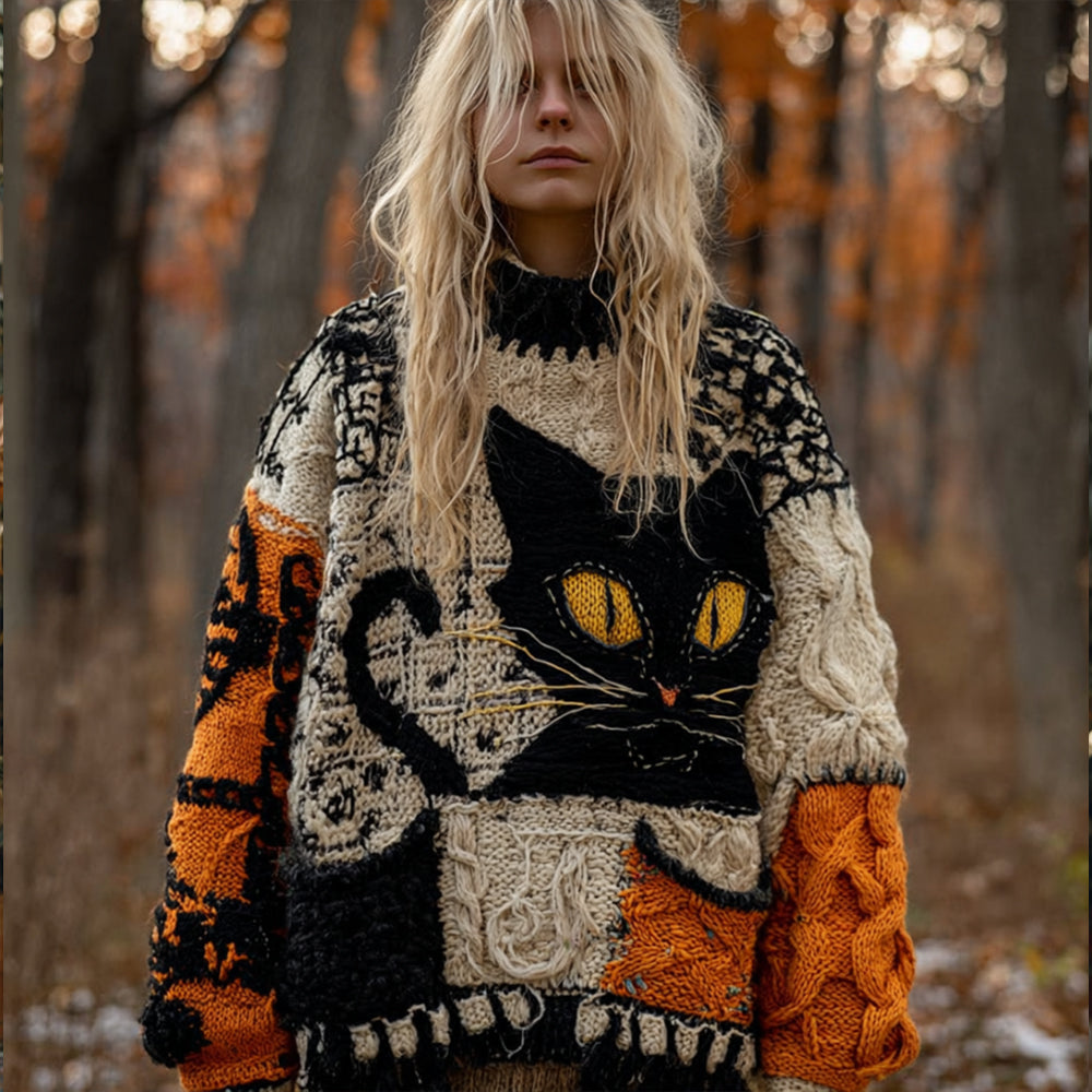 Women's Halloween Cat-cat Patchwork Round-neck Sweater elevenforest