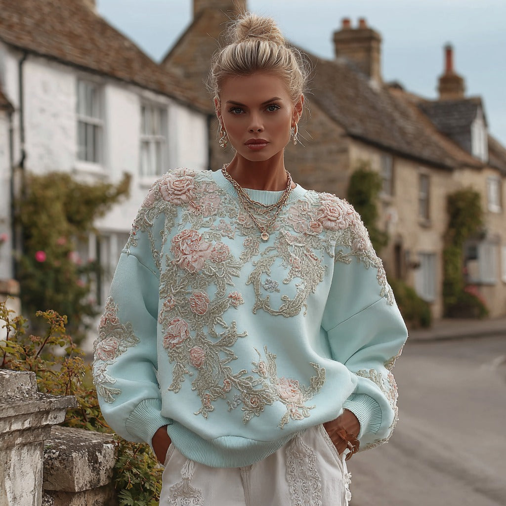 Women's Retro Bohemian Floral Embroidery Casual Crew Neck Sweatshirt elevenforest