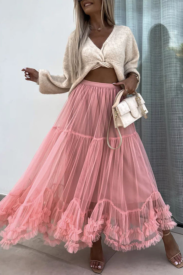Tulle Stretch Waist Paneled Pleated Maxi Skirt