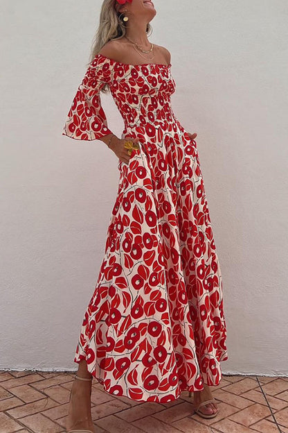 Vacation Style Fashionable Print Pleated One Shoulder Design Pocket Long Dress