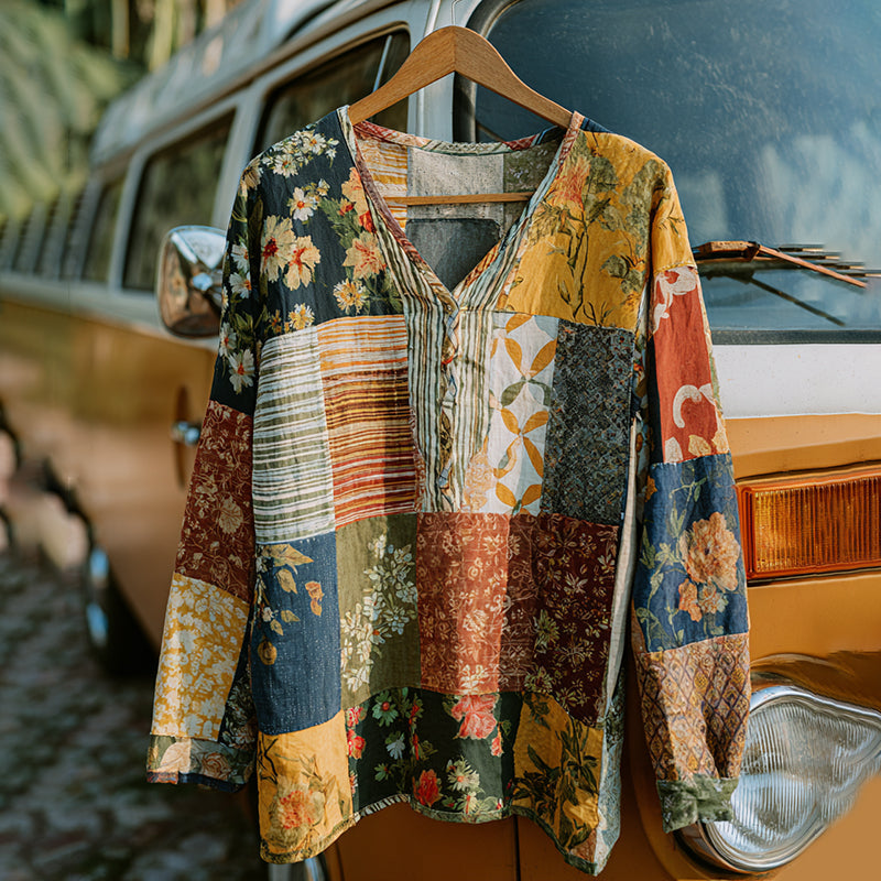 Countryside Style Collection Classy Patchwork Floral Pattern Art Linen Long Sleeve Tshirt