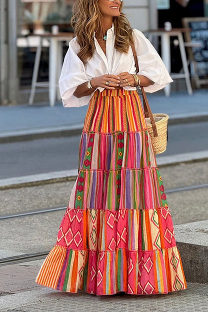 Elastic Waist Ruffle Tiered Color Block Printed Maxi Skirt