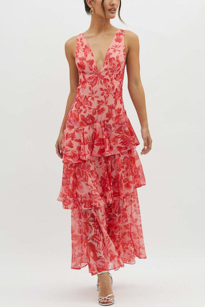 Print Tie-up Back Chiffon Tiered Dress