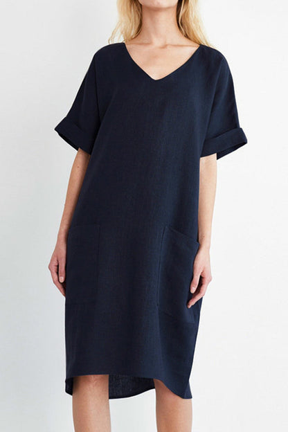 V-neck Short Sleeve Pocketed Cotton Dress