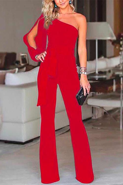 Moxidress One Shoulder Slit Sleeve Tie Knot Jumpsuit(7 Colors)