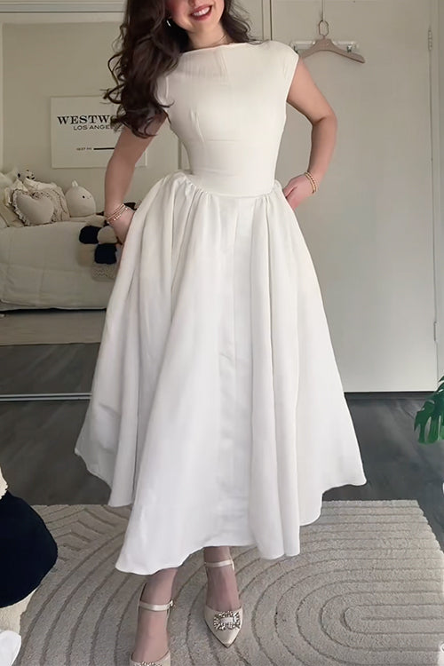 Cap Sleeves Open Back Waisted Swing Midi Dress