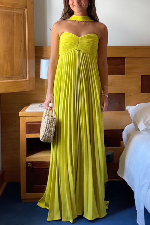 Moxidress Strapless Back Lace-up Pleated Maxi Dress