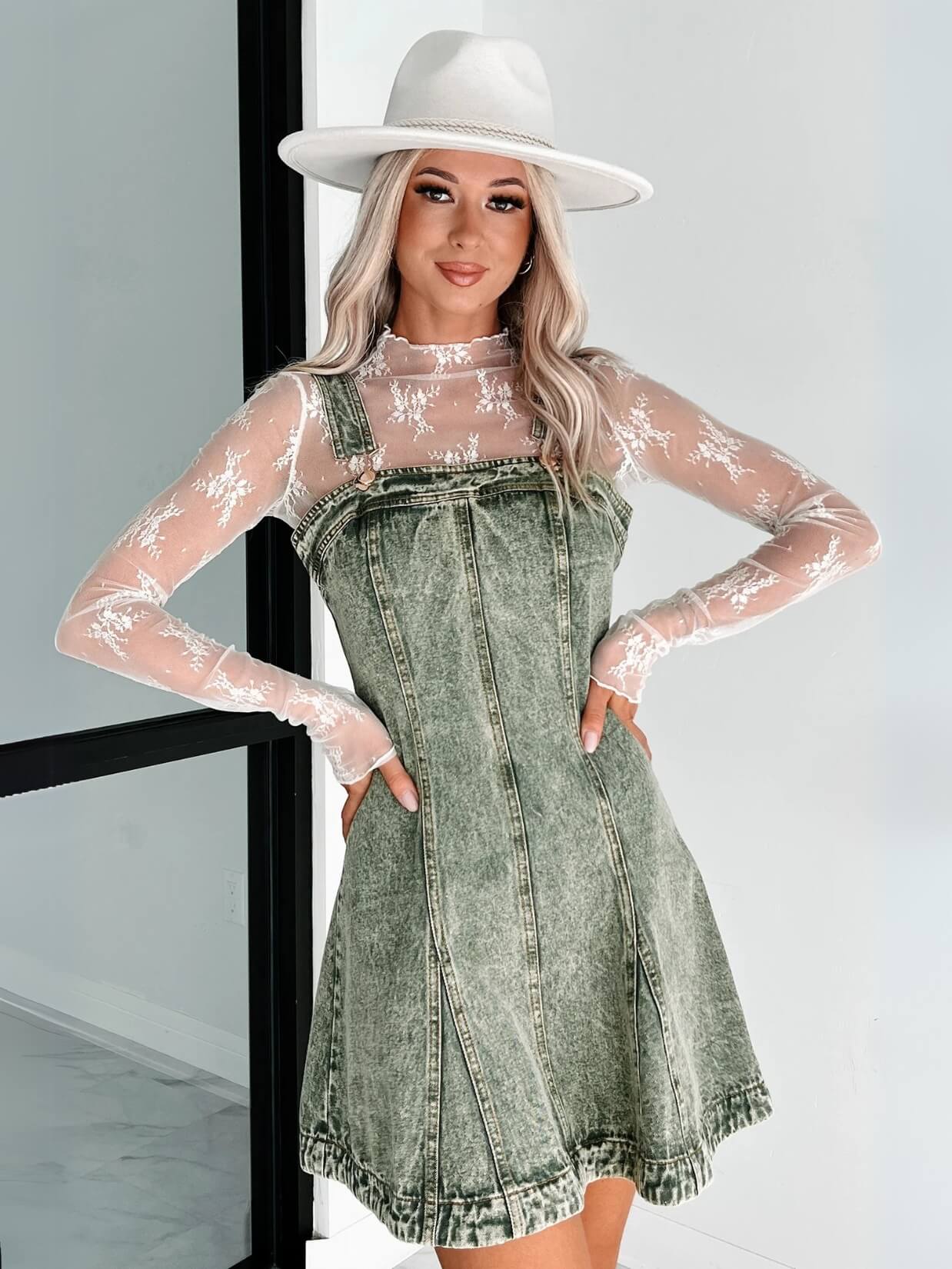 Sloane Relaxed Denim Overall Mini Dress - Green