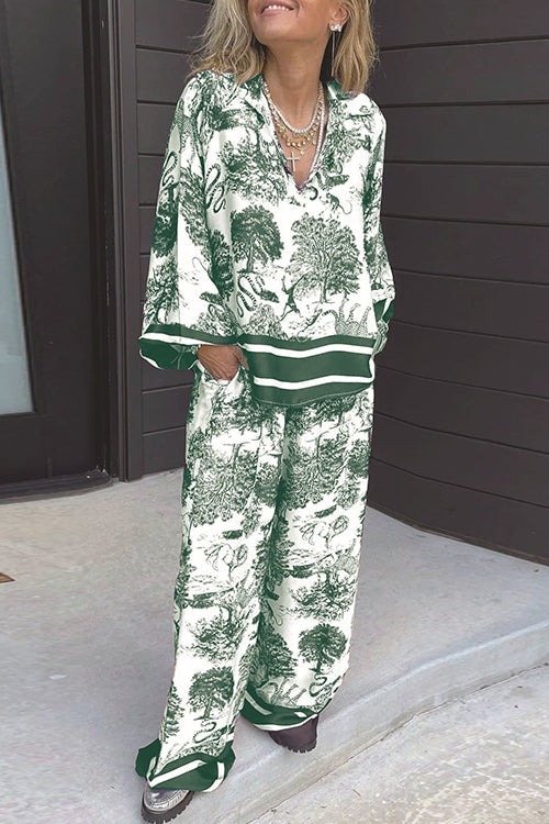 Lapel V Neck Long Sleeves Shirt Wide Leg Pants Printed Set