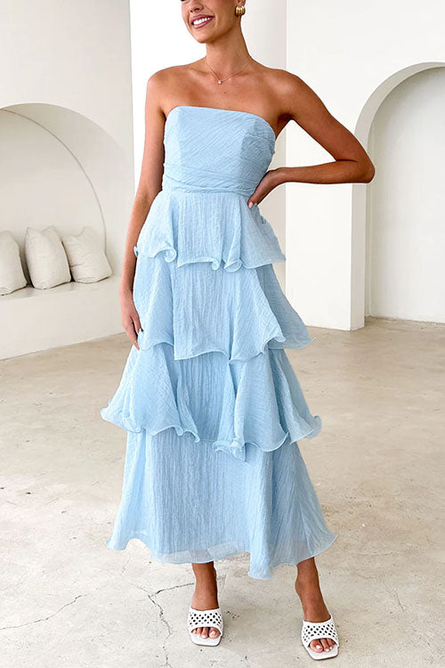 Moxidress Strapless Empire Waist Ruffle Layered Maxi Dress