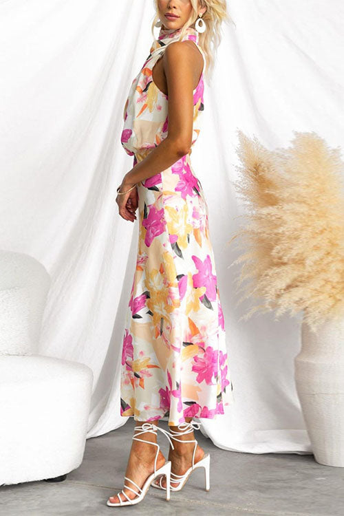 Mockneck Sleeveless Print Satin Maxi Dress