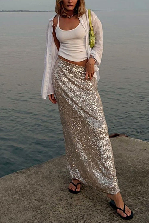 Moxidress Elastic Waist Sequin A-line Maxi Skirt