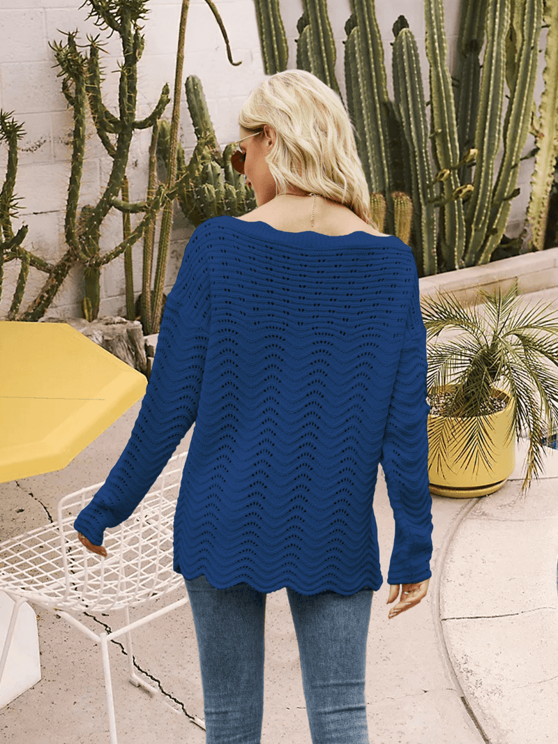 Laila Perforated Scallop Neck Knit Sweater
