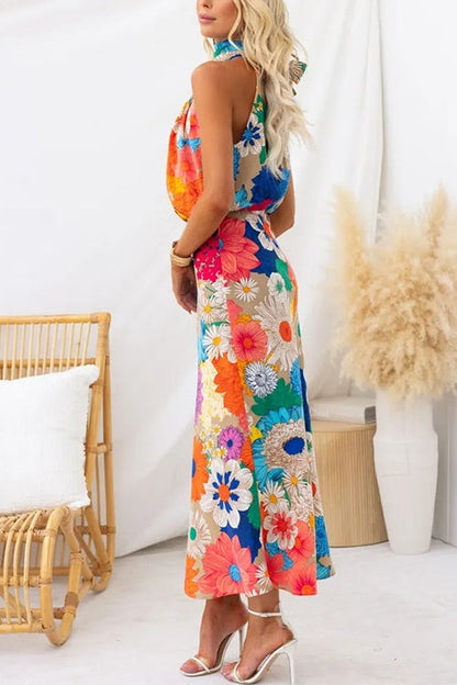 Moxidress Sleeveless Tie Neck Waisted Print Maxi Dress