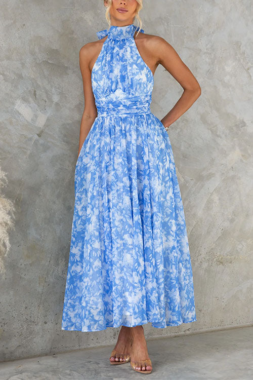 Bow Neck Halter Backless Print Maxi Dress