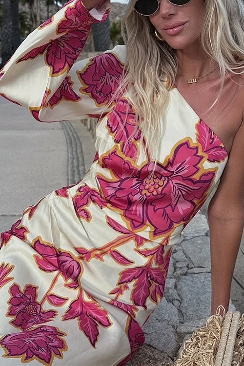 Moxidress One Shoulder Long Sleeve Print Maxi Dress