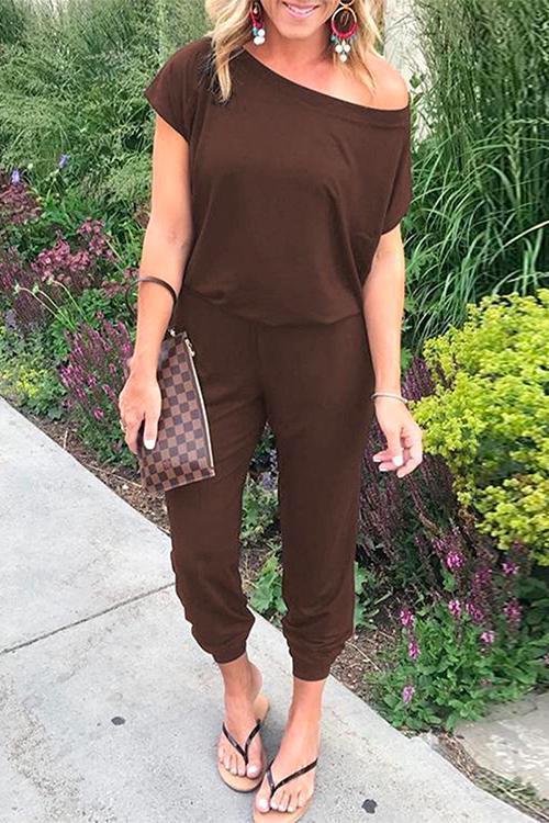 Moxidress Cold Shoulder Short Sleeves Elastic Waist Loungewear Jumpsuit