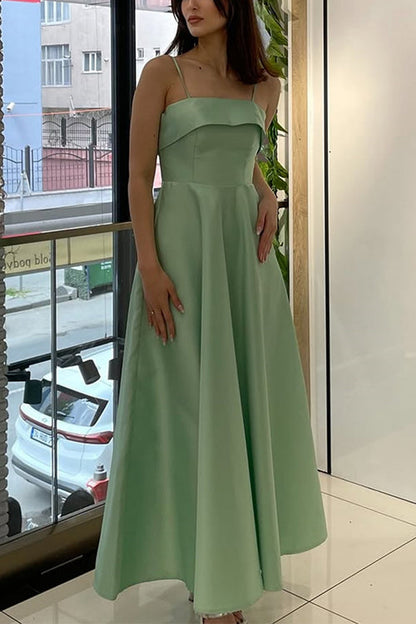 Spaghetti Strap Waisted A-line Satin Maxi Dress