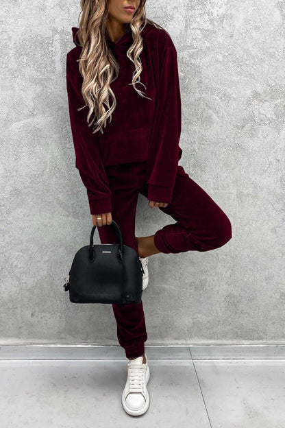 Velour Color Hoodie Long Pants Set