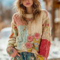 Women's Vintage Chunky Needle Rose Floral Stitching Warm Crew Neck Sweater elevenforest