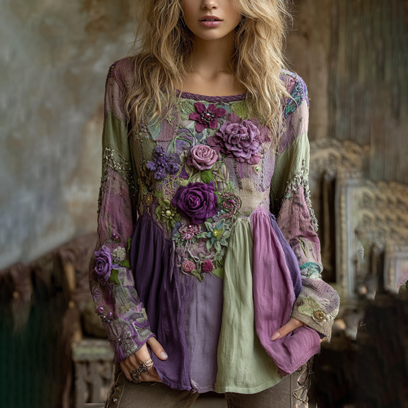 Classy Vintage Floral Splicing Cotton And Linen Long Sleeve Shirt elevenforest