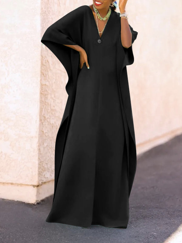 Batwing Sleeves Loose Color Split-side V-neck Maxi Dresses