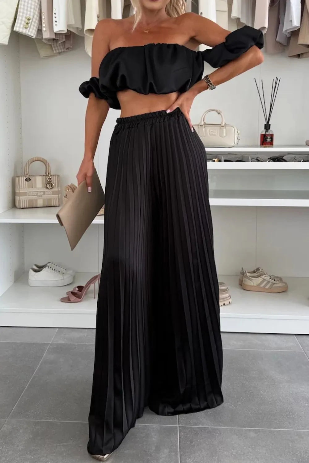 Off-shoulder Top and Pleated Pants Set