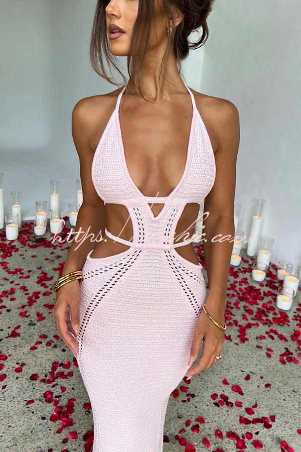 Effortlessly Cool and Knit Crochet Cutout Halter Tie-up Stretch Maxi Dress