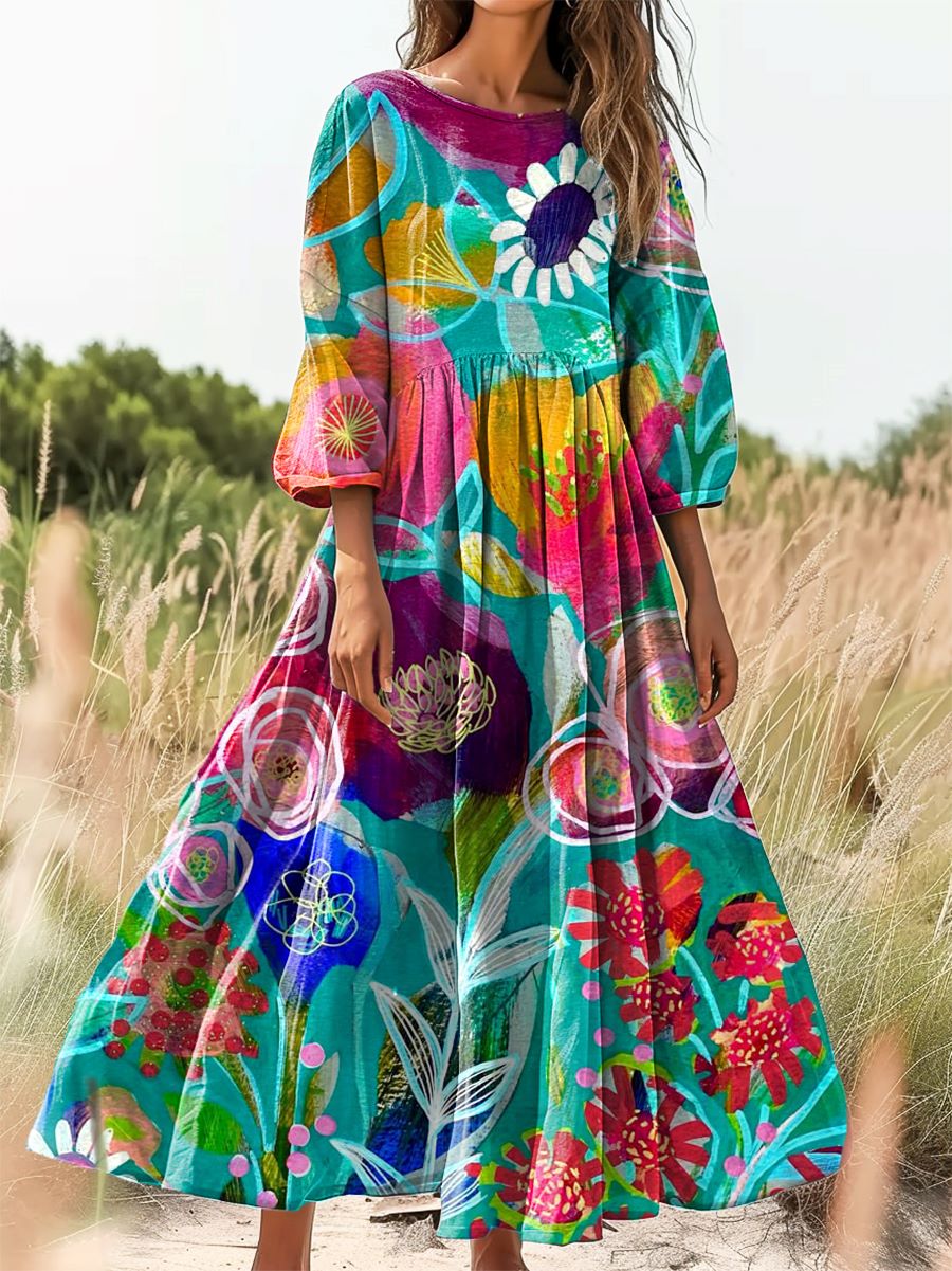 Women's Floral Art Print Cotton Crew Neck Dress