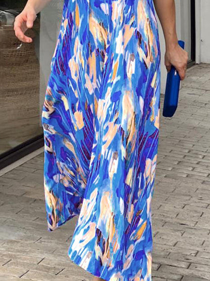 Loose Short Sleeves Multi-colored Printed V-neck Maxi Dresses