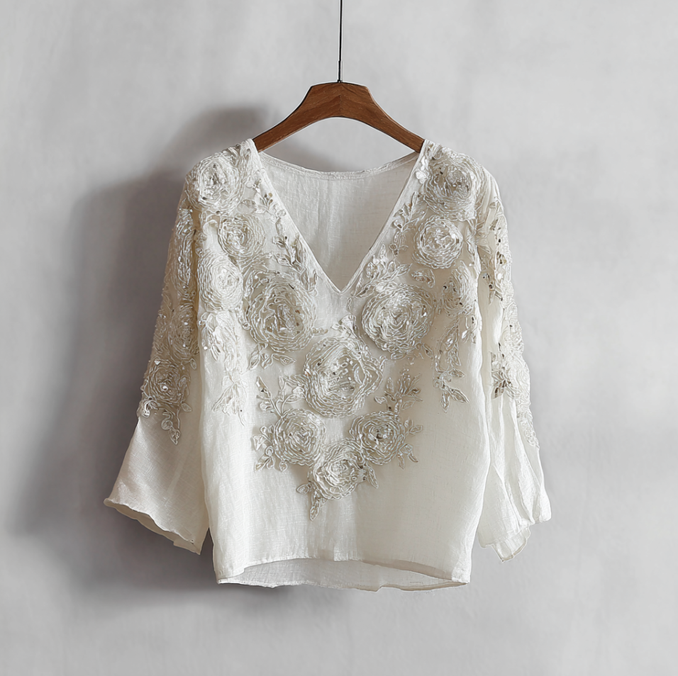 Bohemian Style Woman's V-neck White Rose Short-sleeved Shirt elevenforest