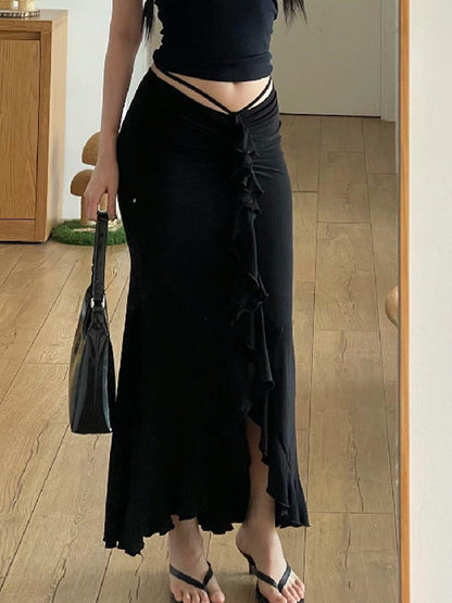 Black Low Rise Ruched Ruffled Trim Midi Skirt